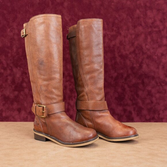 Lucky Brand Women Brown Leather Vintage Retro Buckle Moto Knee Boots sz 7 - Picture 1 of 8
